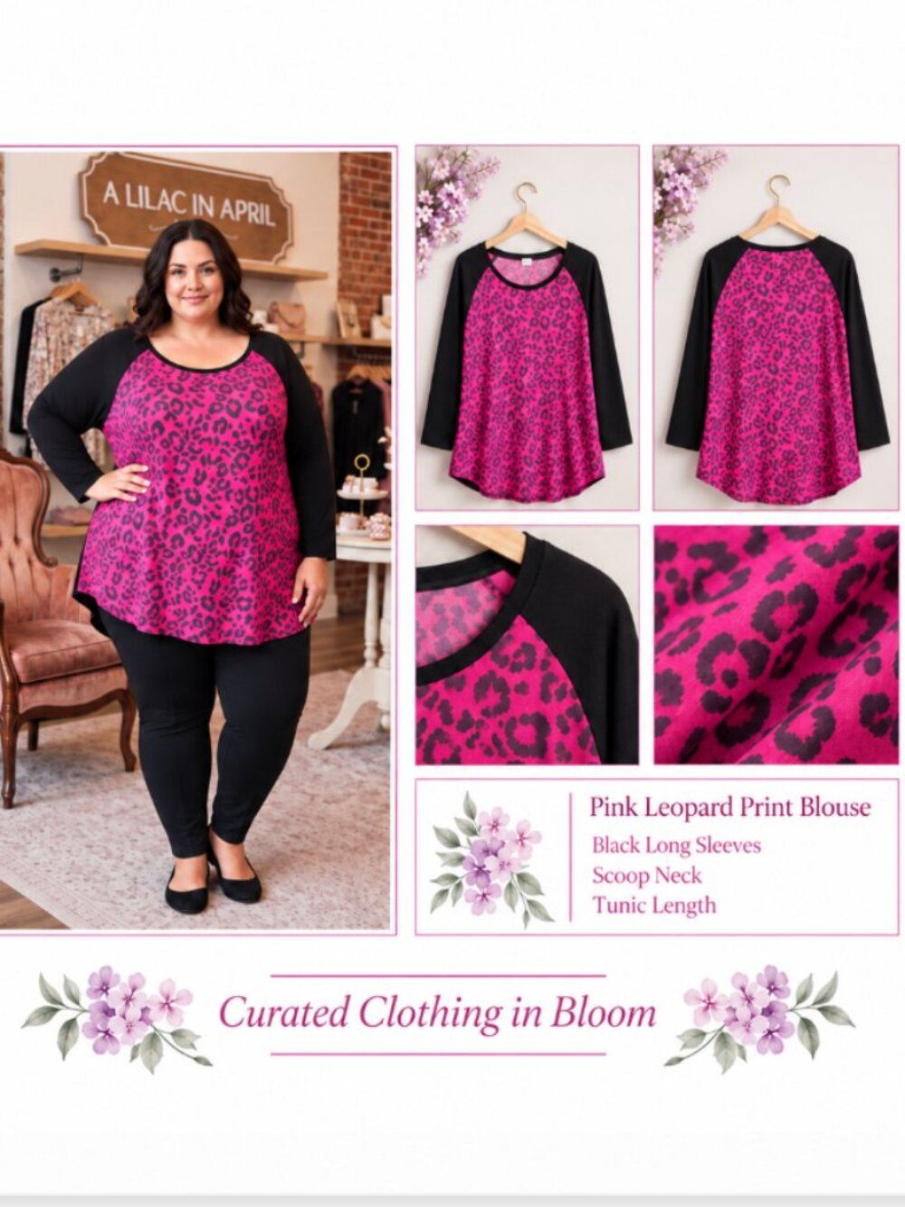 NWT Pink Leopard Print Long Sleeve Tunic Top Scoop Neck Black Raglan Plus Size